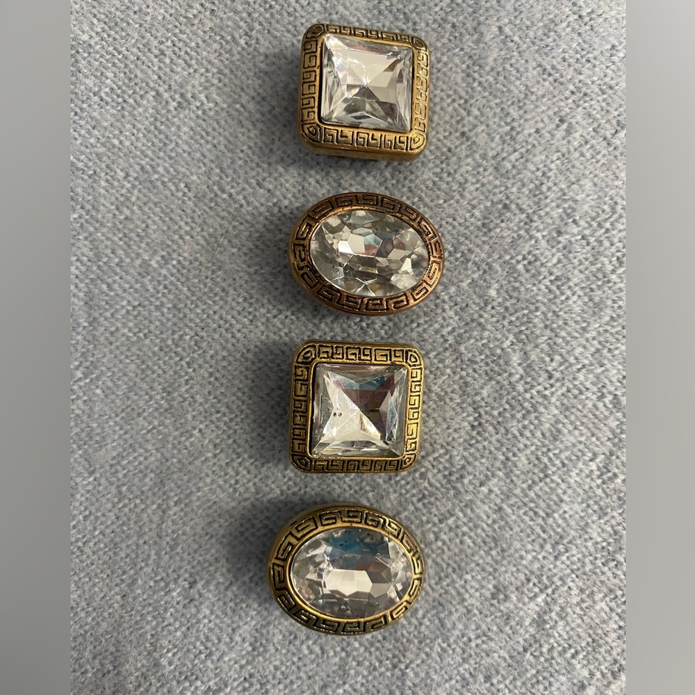 4 Gold-Tone, Scolled Design Surrounds with Clear Crystal Button Covers - Picture 7 of 7